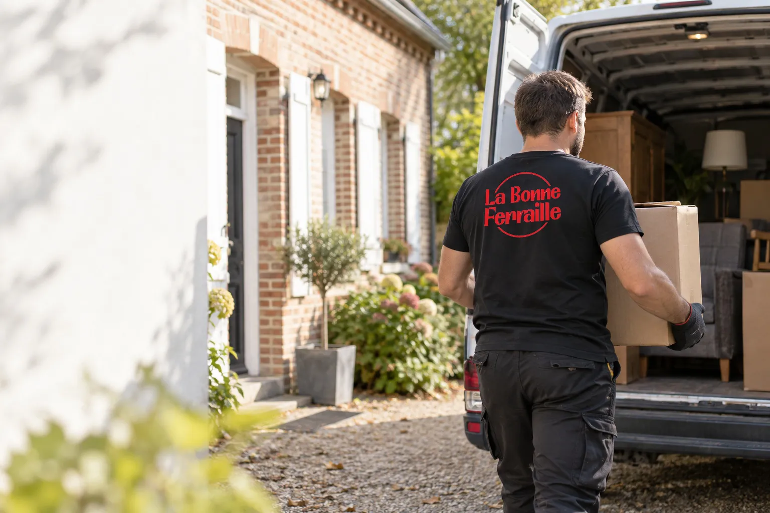 Professionnel chargeant un véhicule de débarras
