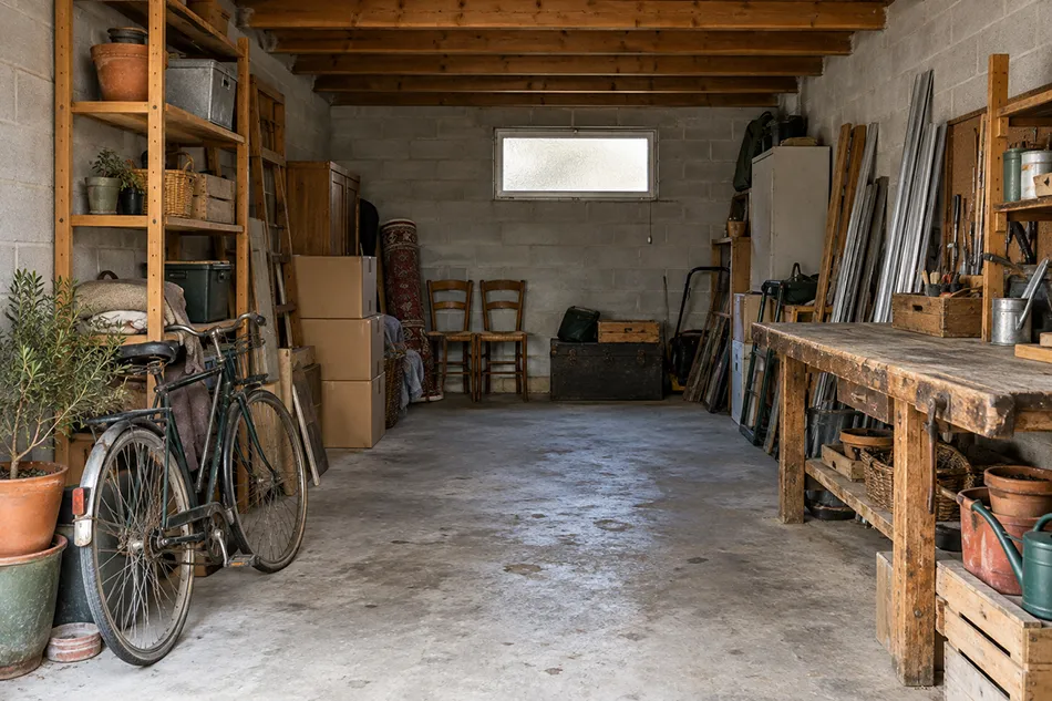 Garage encombré de cartons et de meubles