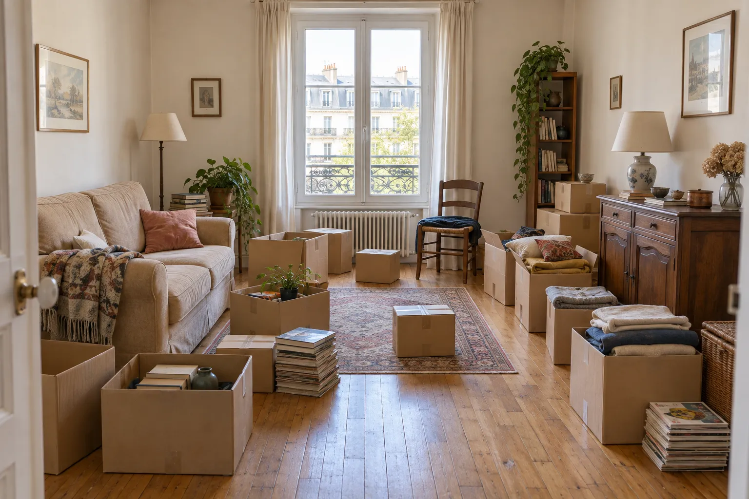 Cartons et mobilier à débarrasser dans un salon